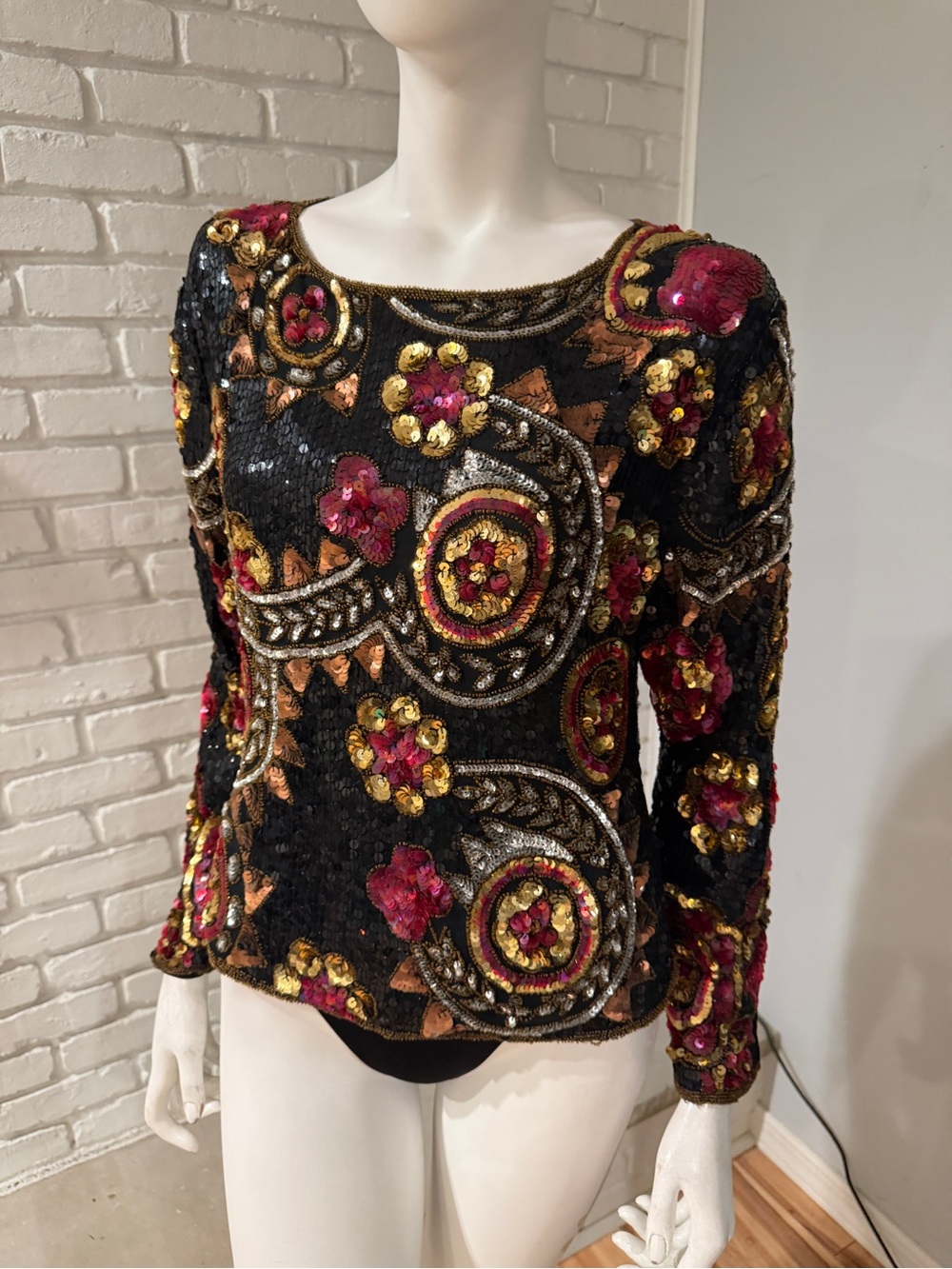 SCALA Silk Beaded Sequin Art Deco Top Black Gold Burgundy Est. SMALL/MEDIUM - Picture 4 of 15
